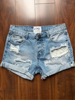 One Teaspoon “Chargers” Denim Distressed Cuffed Mid-Rise Shorts / Size 25